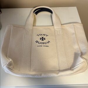 Tory Burch Ivory Canvas Tote with Navy Logo